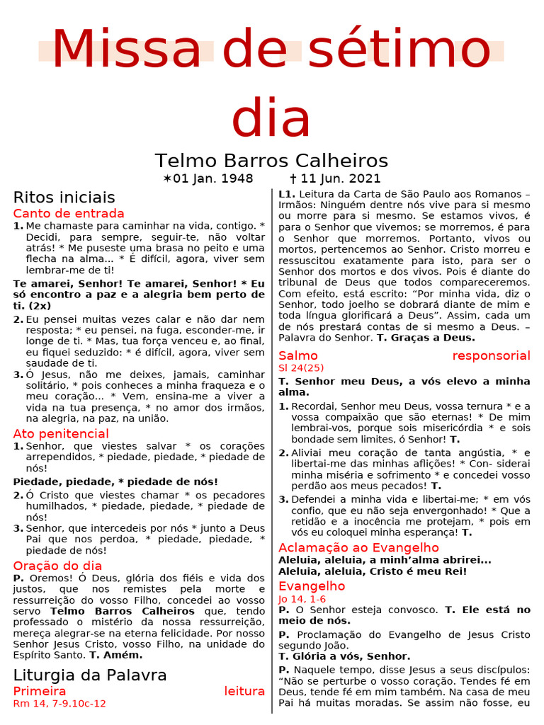 Missa de Sétimo Dia por Telmo Calheiros | PDF | Jesus | Oração