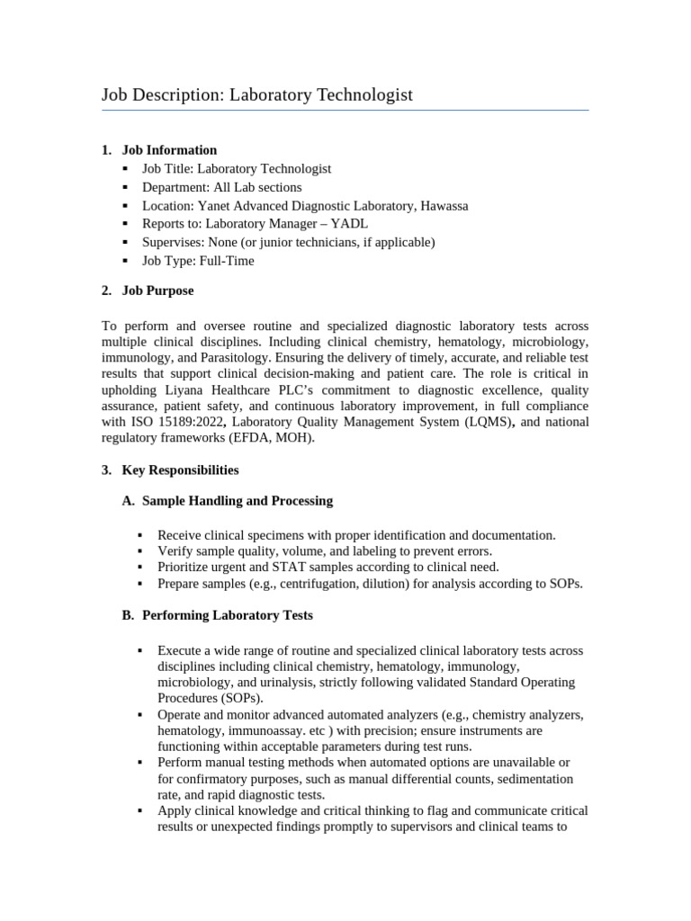 Laboratory Technologist Job Description | PDF | Laboratories | Medical ...