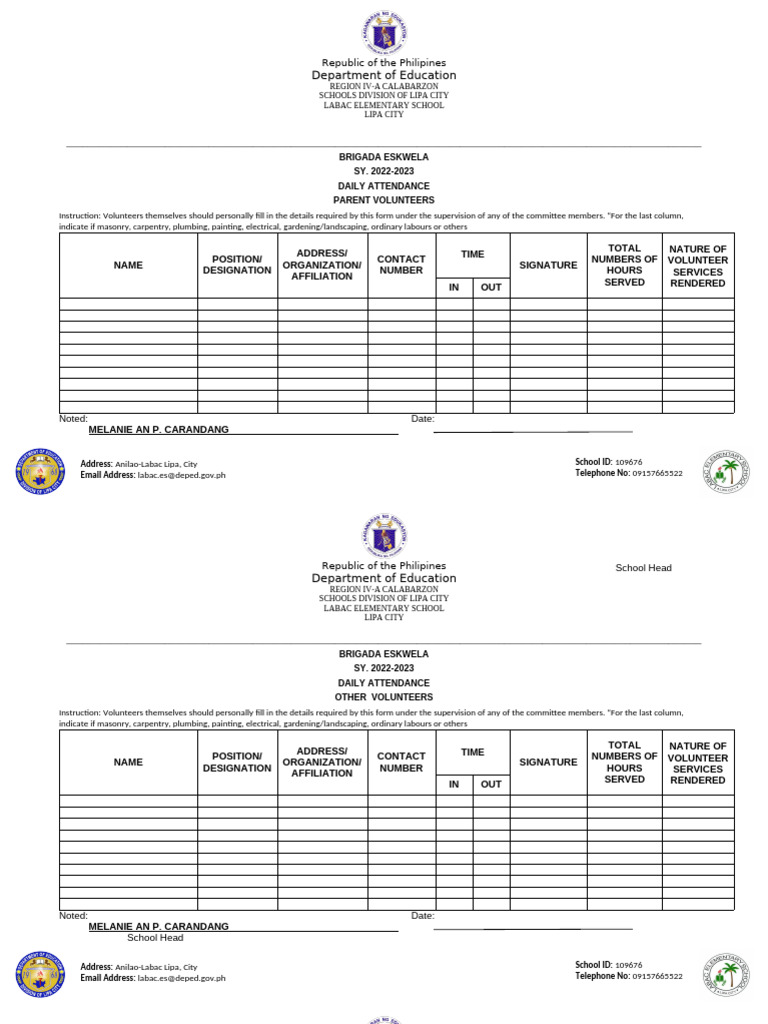 Labac Elementary School Volunteer Log | PDF