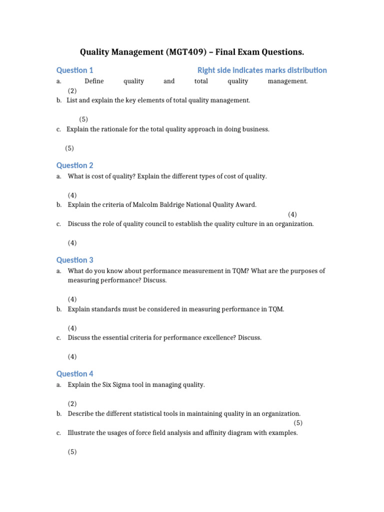 TQM Final Exam Questions Overview | PDF
