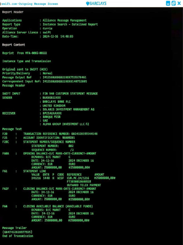 Swift Mt940 Gpi 103202gpi Solaris Investment Management Ag Alpha | PDF