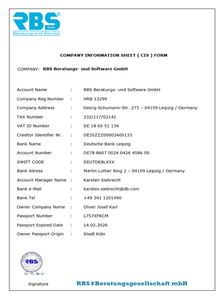 RBS Beratungs Company Information Sheet | PDF