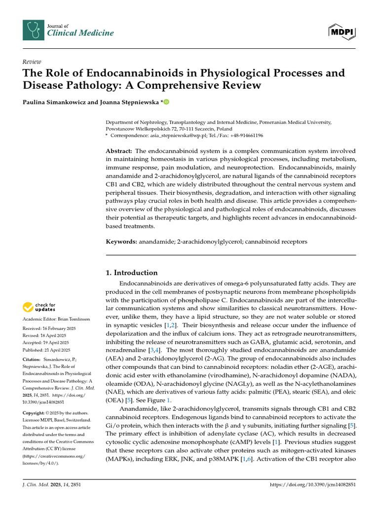 The Role of Endocannabinoids in Physiological Processes and | PDF ...