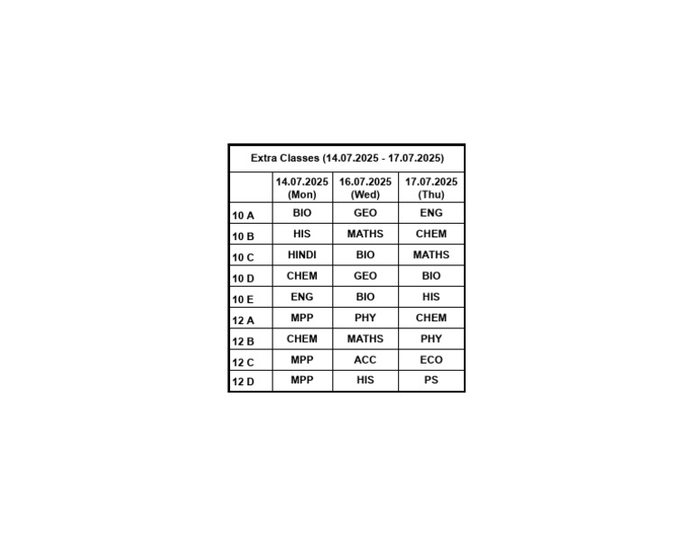 Extra Classes Schedule (14.07.2025 - 17.07.2025) | PDF