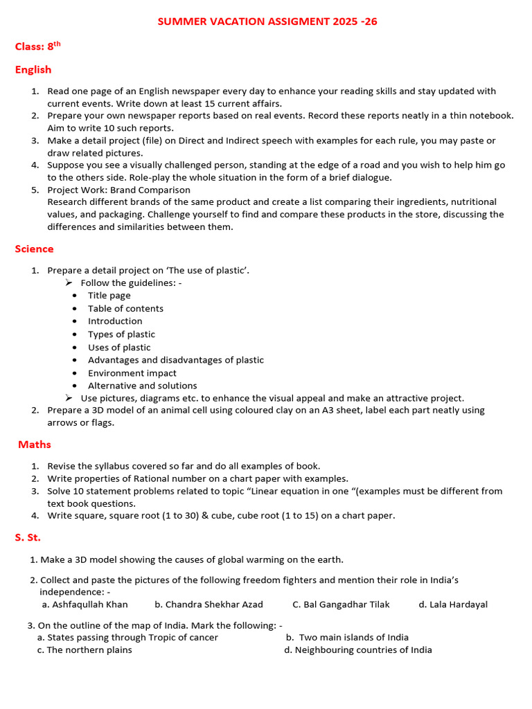 Summer Vacation Assigment 2025, Class 8 | PDF