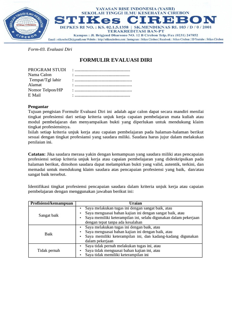 Formulir Evaluasi Diri RPL | PDF