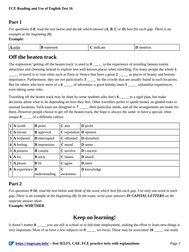 FCE Reading and Use of English Test 16 | PDF | Knowledge