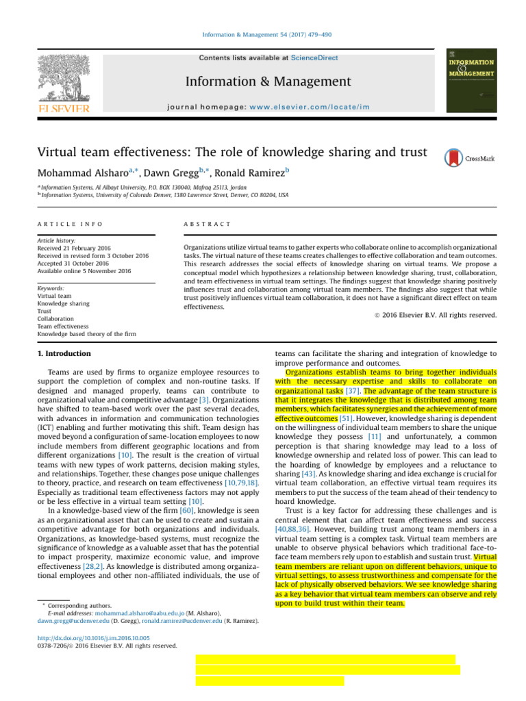 Virtual Team Trust and Knowledge Sharing | PDF | Validity (Statistics ...