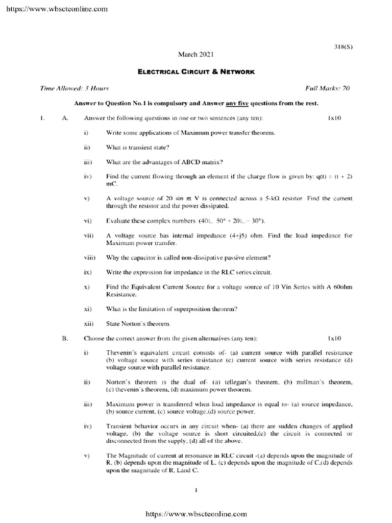 Ee Eps Eeic Eee 3 Sem Electrical Circuit and Network 318 S Mar 2021 | PDF