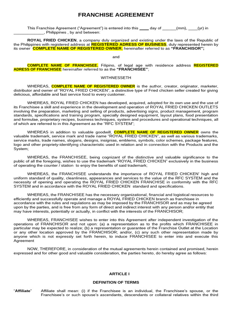 Royal Fried Chicken Franchise Agreement | PDF | Franchising | Non ...