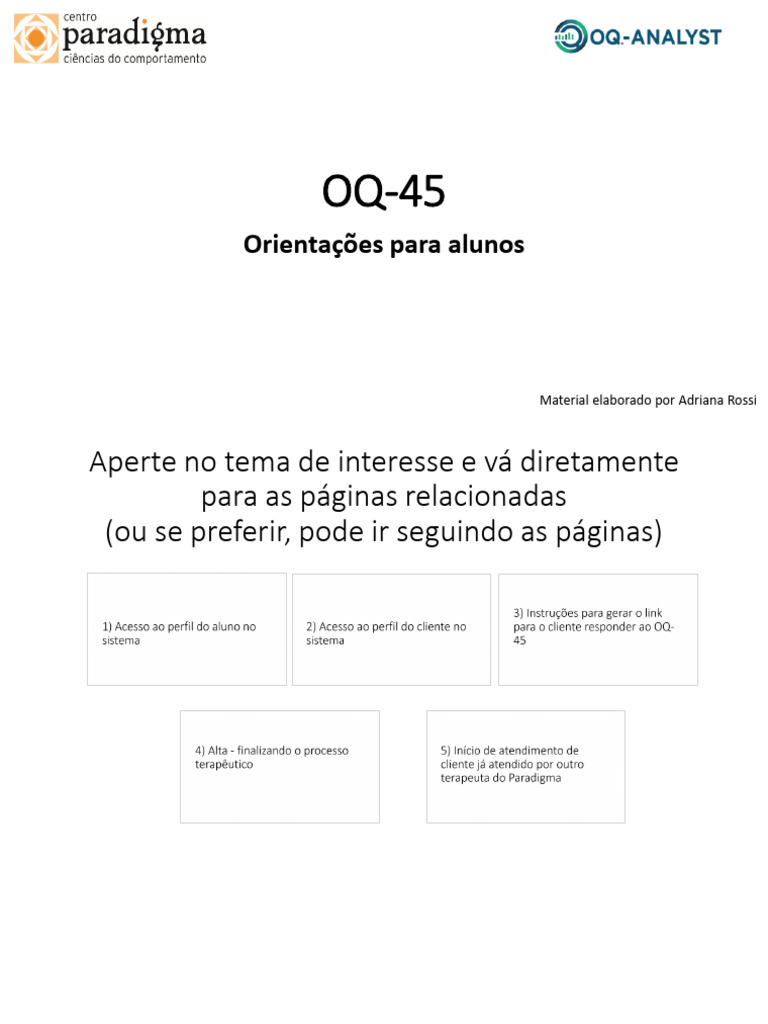 Acesso e Uso do Sistema OQ-45 para Alunos | PDF | Psicoterapia ...