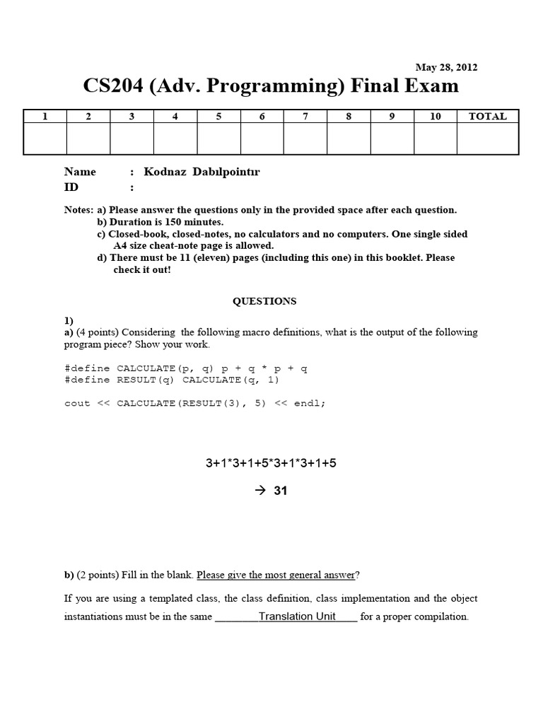 CS204 Advanced Programming Final Exam | PDF | String (Computer Science ...