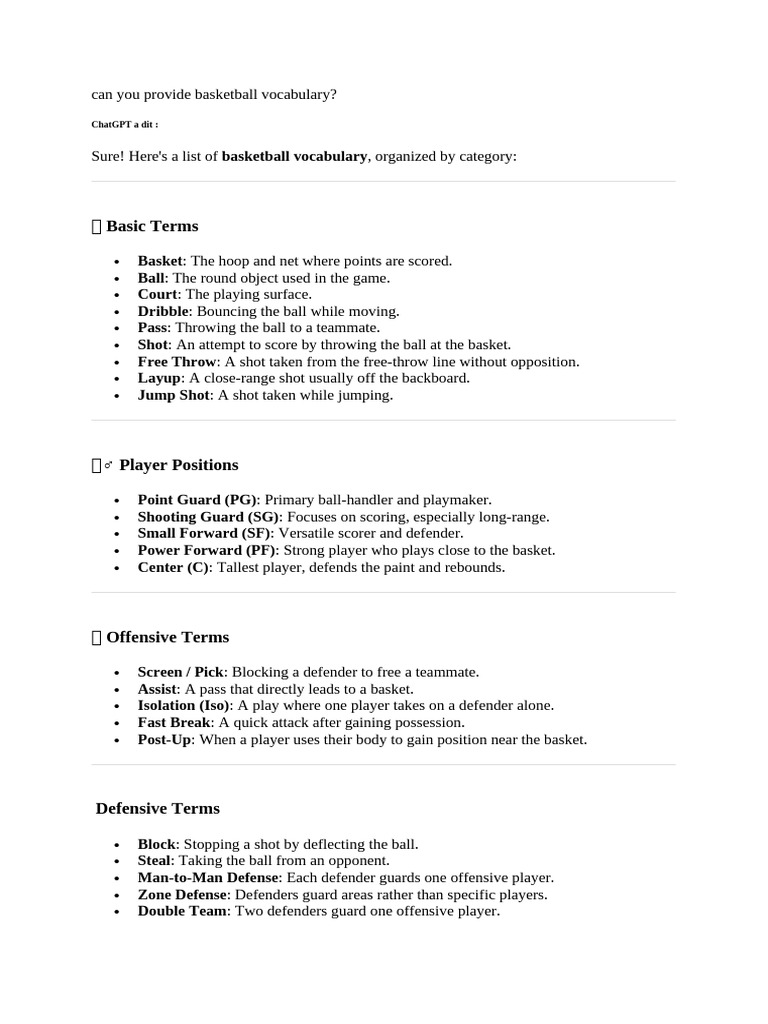 Basketball Vocabulary Guide | PDF