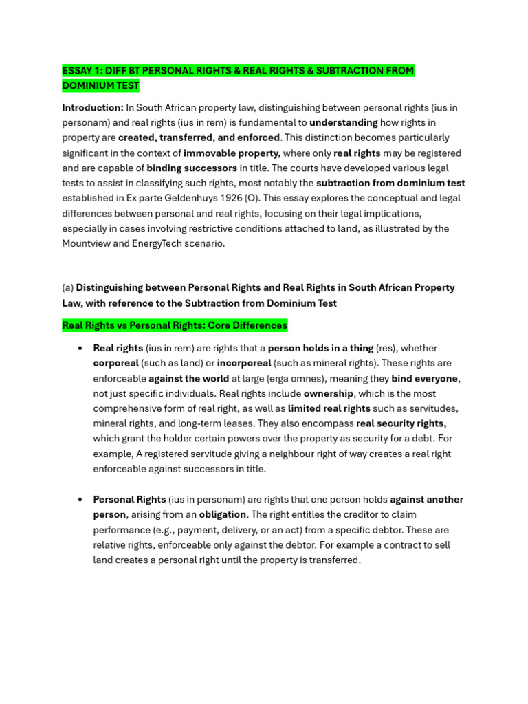 Personal vs Real Rights in SA Property Law | PDF | Eminent Domain ...