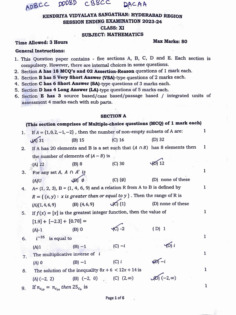 Class XI Mathematics Exam Paper 2023-24 | PDF | Mathematics ...