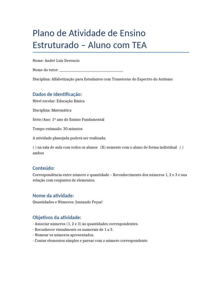 Atividade Ensino TEA Andre Luiz Derencio | PDF | Pedagogia | Autismo