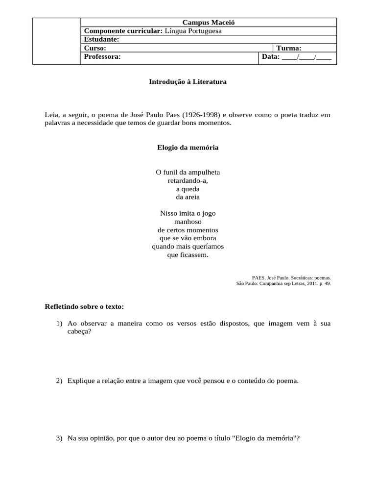 Elogio à Memória na Poesia | PDF | Poesia | Amor