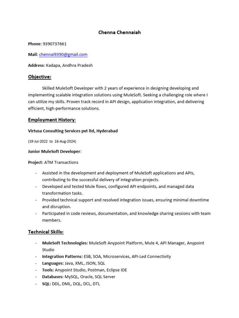 MuleSoft Developer Resume - Chennaiah | PDF