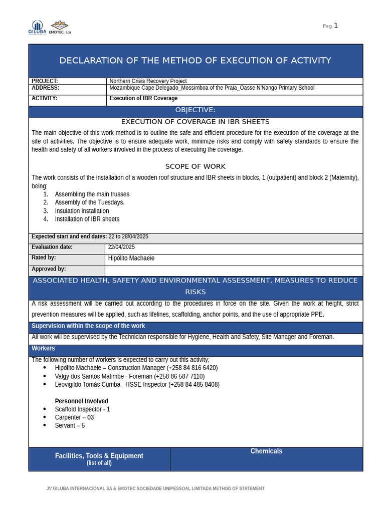 Method of Statement - Ibr Coverage.01 | PDF | Personal Protective ...