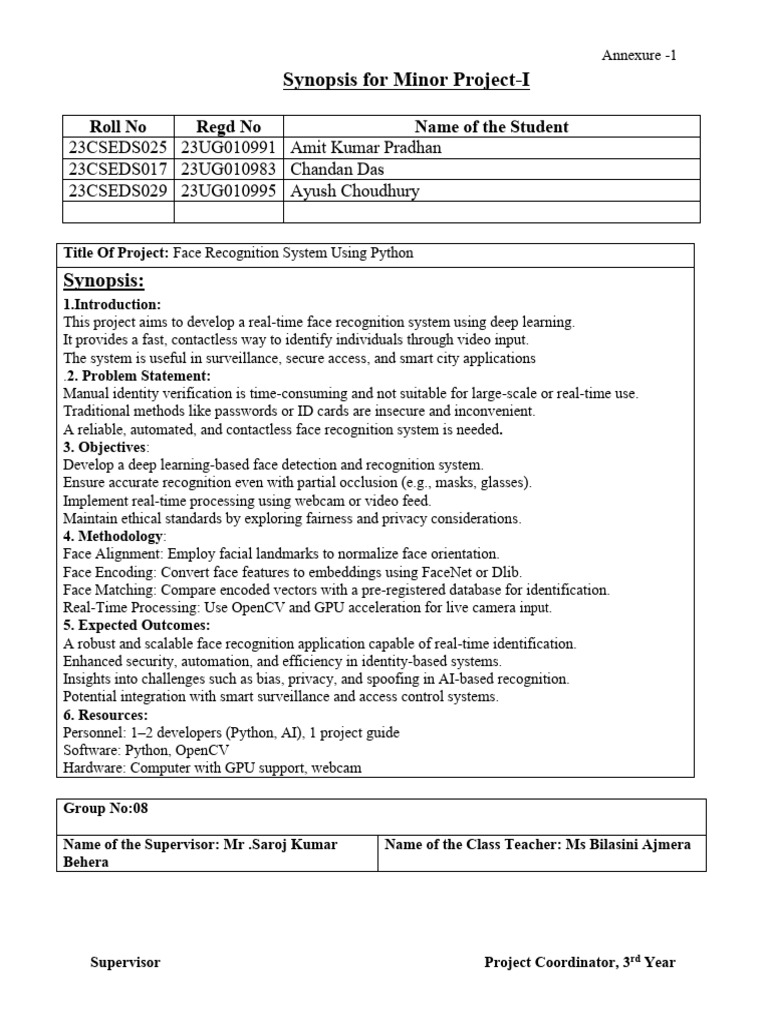 Face Recognition System Project Synopsis | PDF