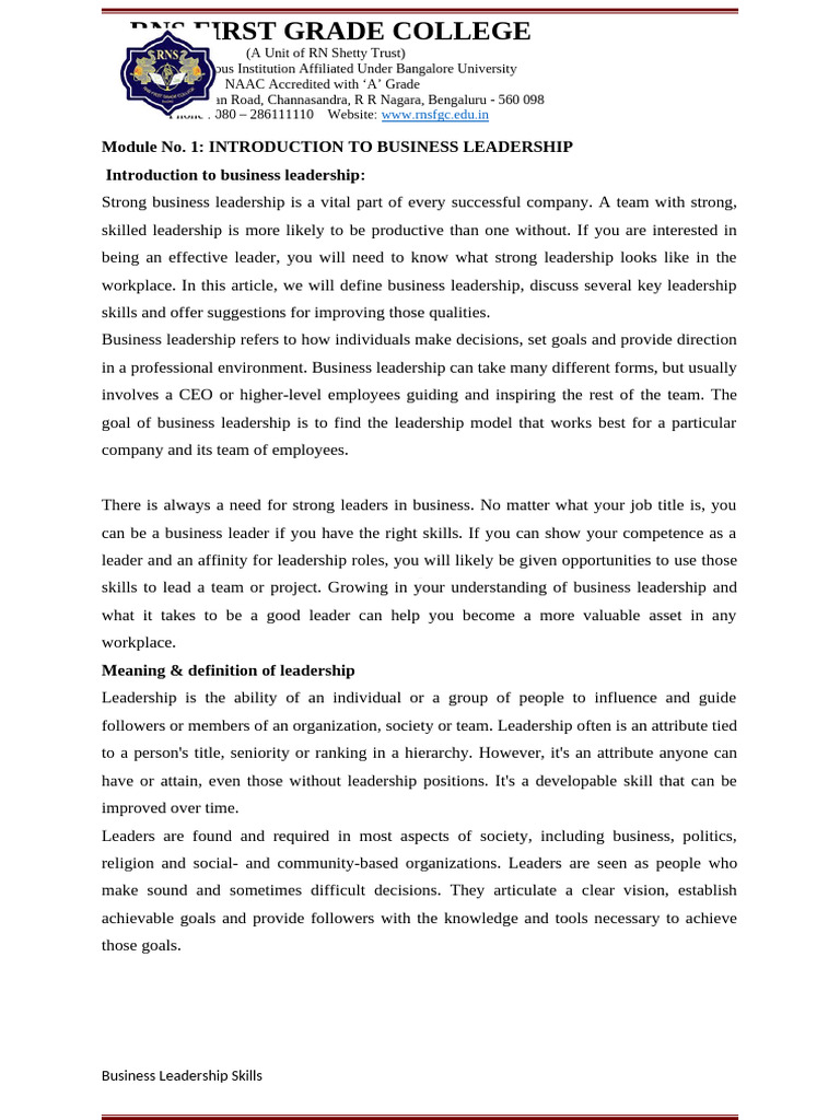 Introduction to Business Leadership Skills | PDF | Leadership ...
