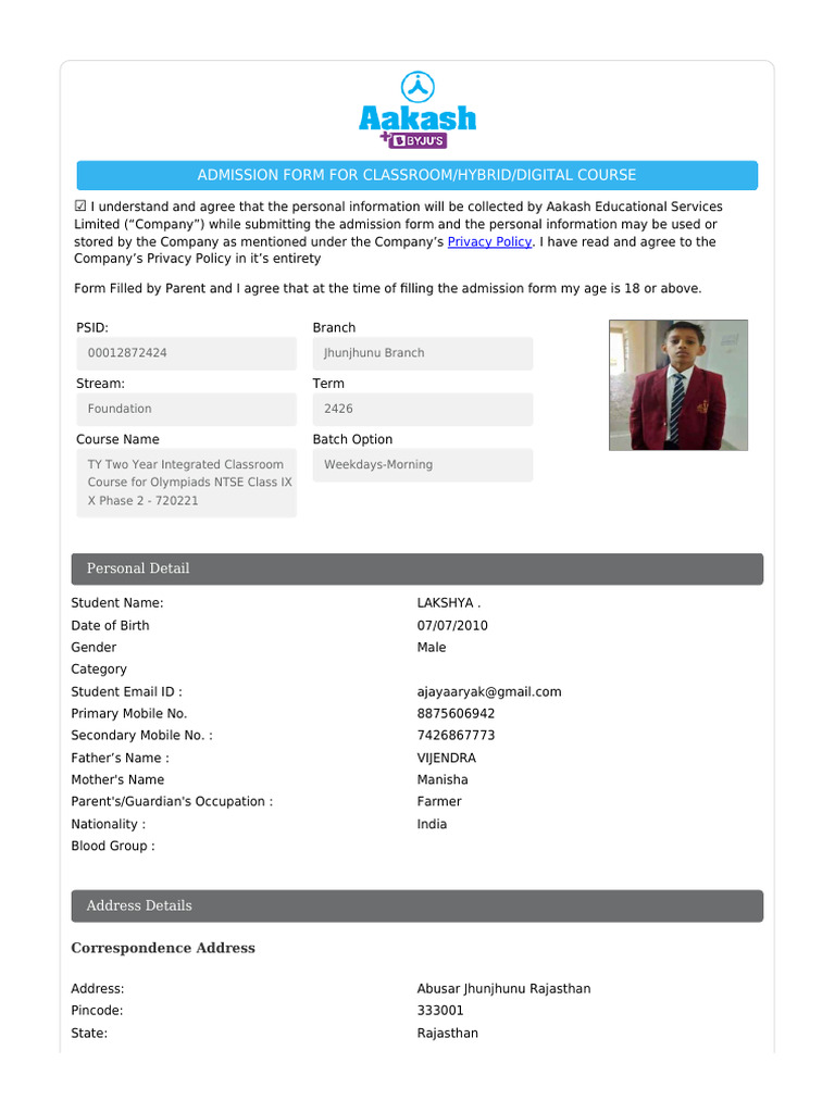 Aakash Admission Form for Class IX Course | PDF | Access Control ...
