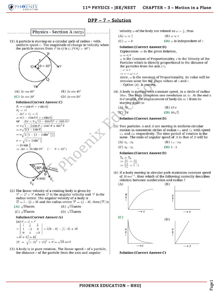 11th Physics - JEE-NEET - CHP - 3 - DPP - 7 - Solution | PDF