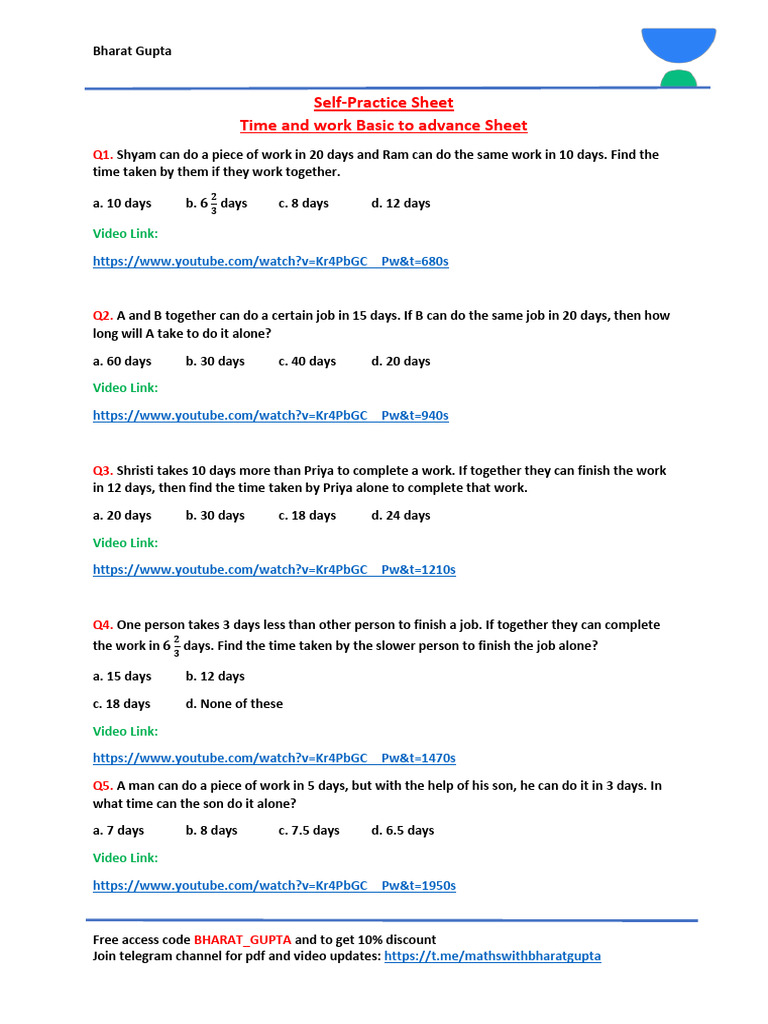 Time and Work CAT Self Practice Sheet | PDF