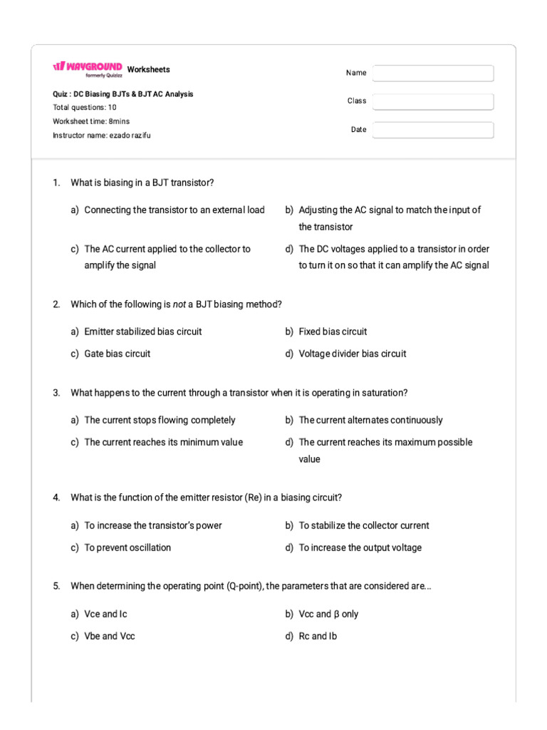 BJT Biasing and AC Analysis Quiz | PDF | Bipolar Junction Transistor ...