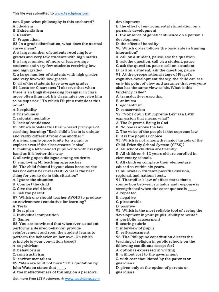 LET Review Questions and Answers | PDF | Learning | Teachers