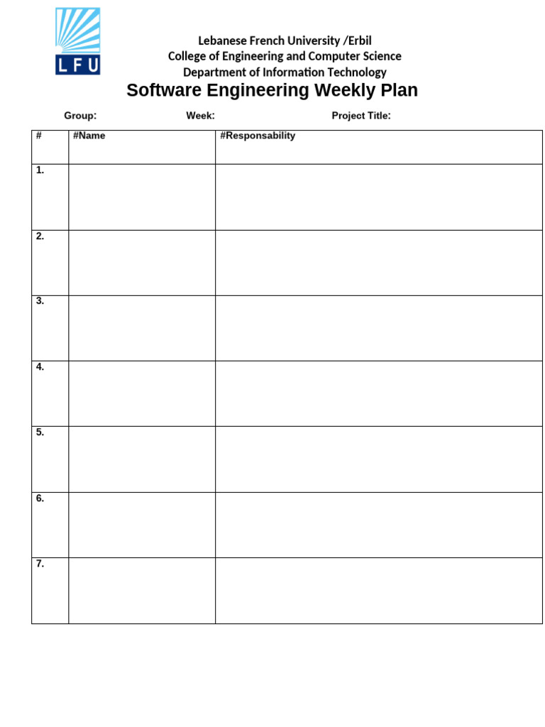 Software Engineering Weekly Plan Template | PDF