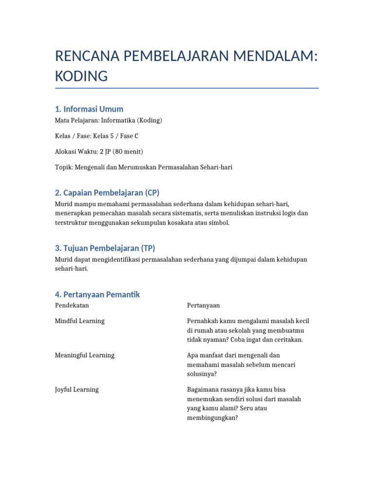 RPP Koding Kelas 5 SD Kurikulum Merdeka | PDF