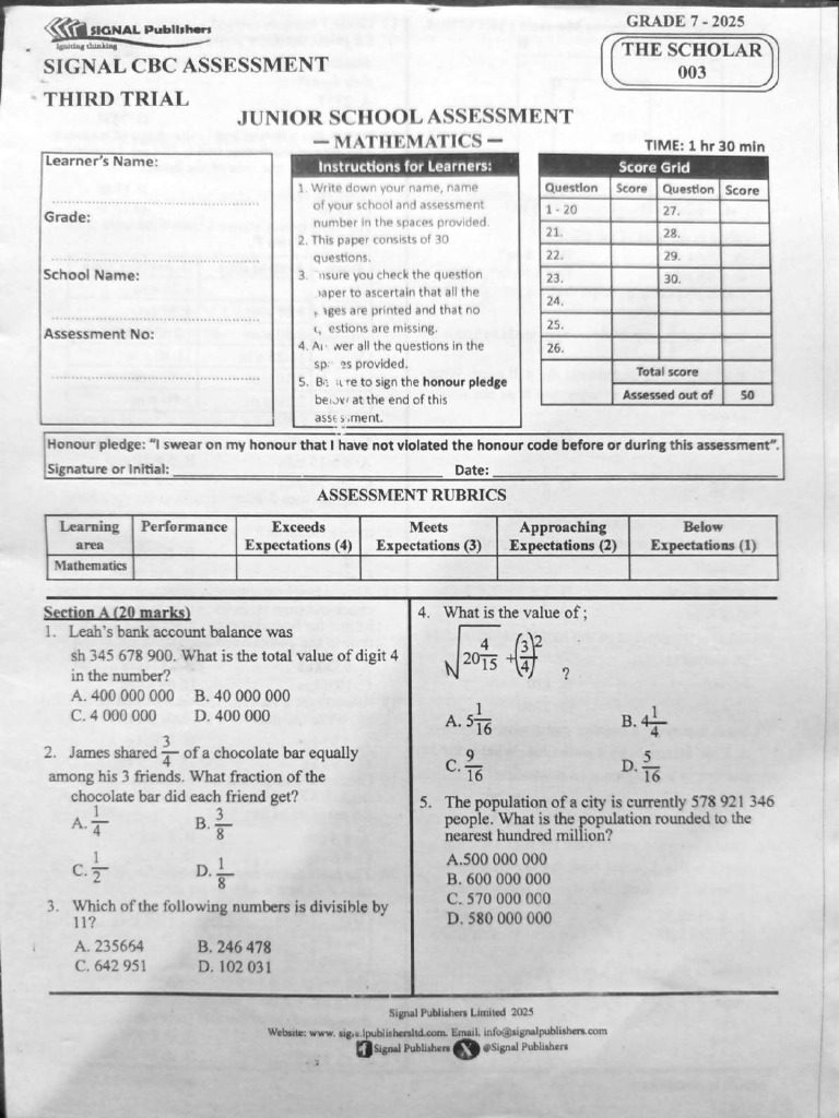 Grade 7 003 Signal All Subjects With Marking Scheme PDF | PDF