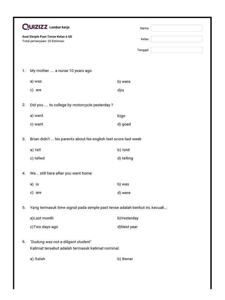 Soal Simple Past Tense Kelas 6 SD | PDF | Chess Theory | Chess