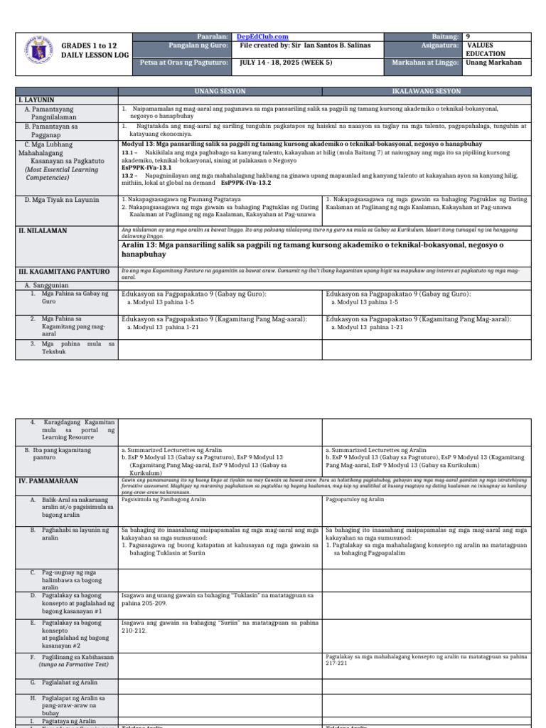 DLL - VALUES EDUCATION 9 - Q1 - W5 v3 | PDF