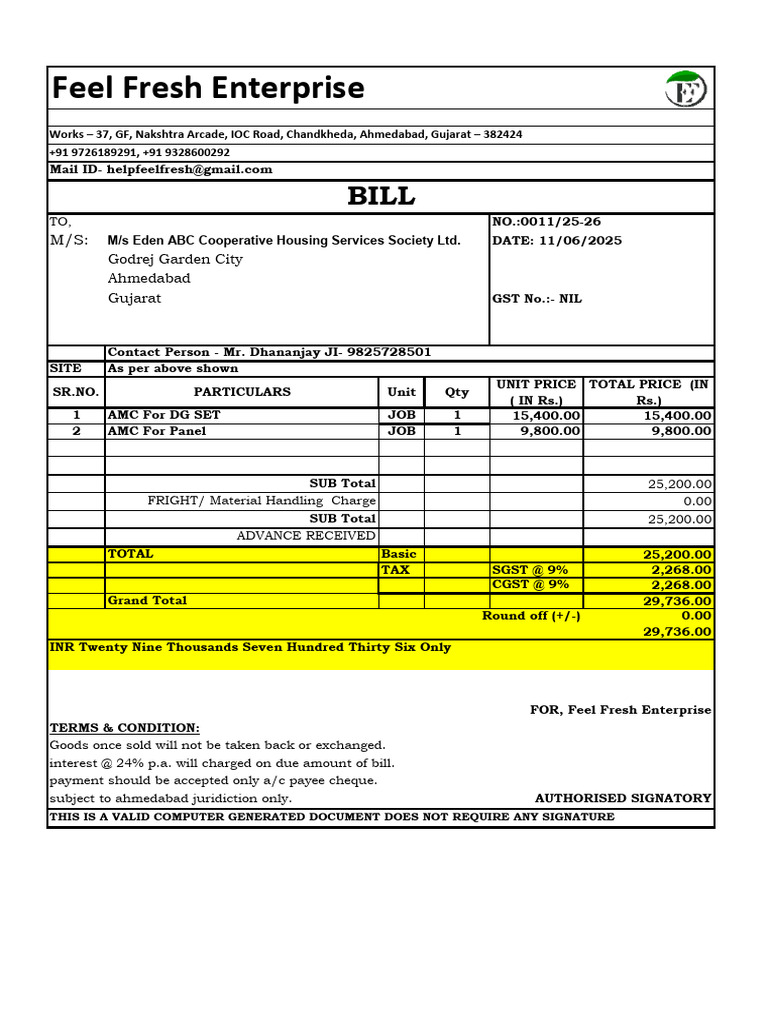 Bill DG Panel EDEN ABC Godrej Garden City 320 Kva | PDF | Taxation ...
