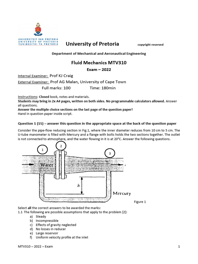 MTV310 Fluid Mechanics Exam 2022 | PDF | Fluid Dynamics | Pressure