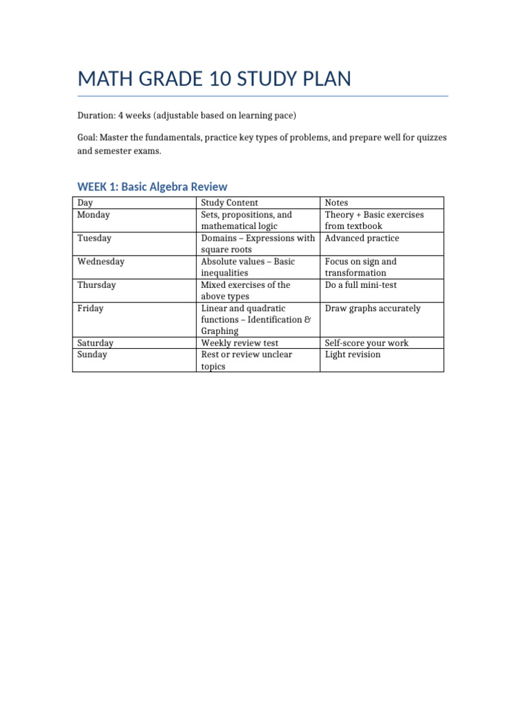 Math Grade 10 Study Plan Week 1 | PDF