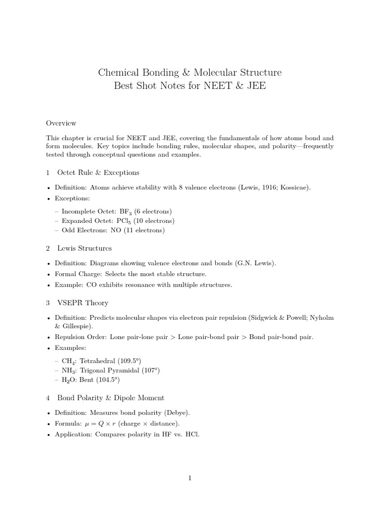 Chemical Bonding & Molecular Structure Best Shot Notes For NEET & JEE | PDF