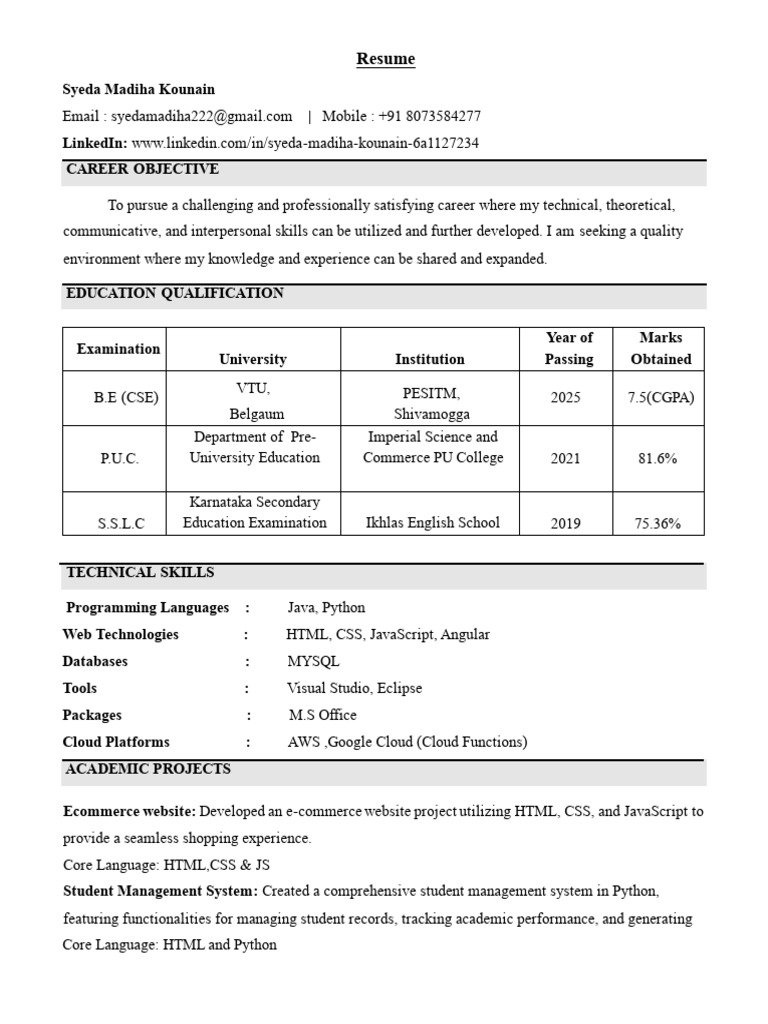 Syeda Madiha Kounain's Resume | PDF | My Sql | Python (Programming ...