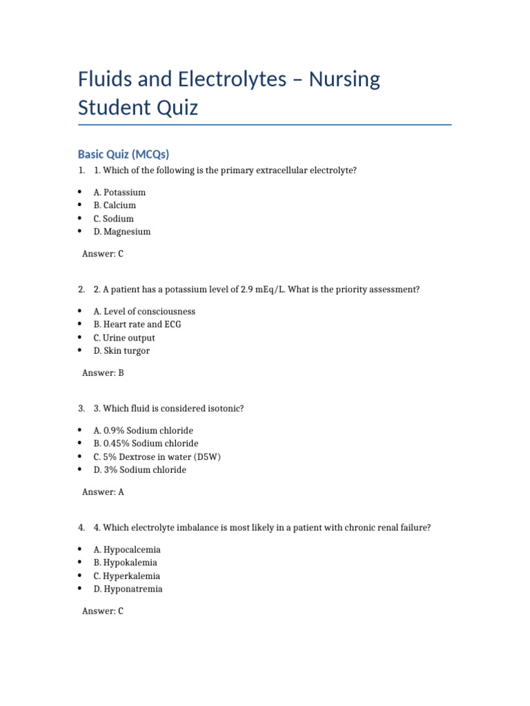 Nursing Quiz on Electrolyte Imbalances | PDF | Medical Specialties ...