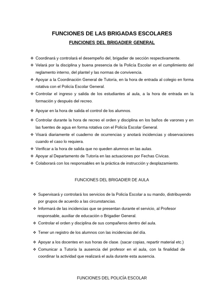Funciones de Brigadas Escolares | PDF | Policía | Salón de clases