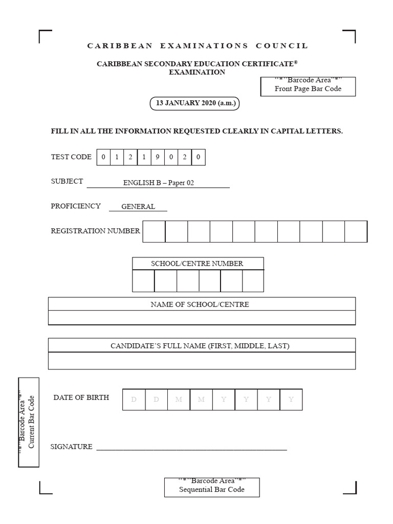 CSEC English B Exam Paper 2020 | PDF | Barcode