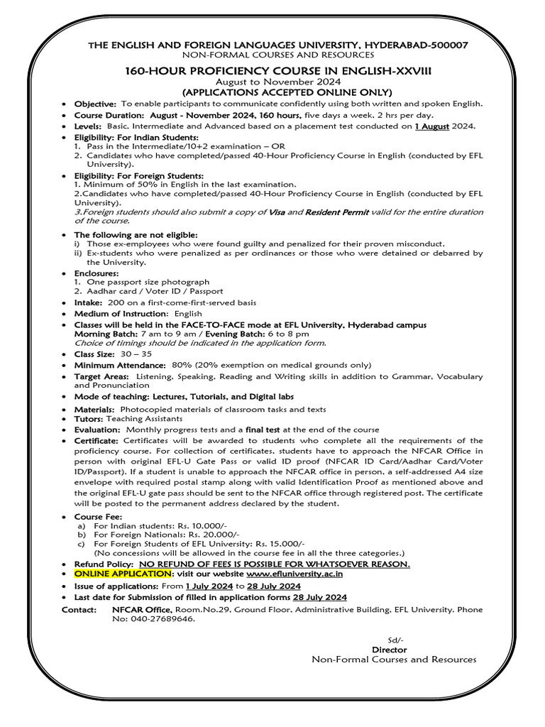 English Proficiency Course XXVIII 2024 | PDF | English Language