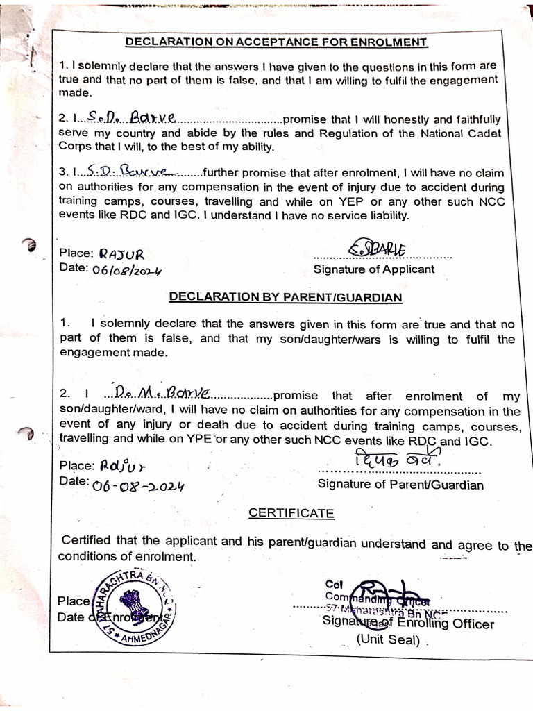 NCC Enrollment Declaration Form | PDF | Military Life | Youth Organizations