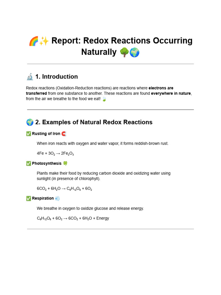 Report: Redox Reactions Occurring Naturally: Electrons Are Transferred ...