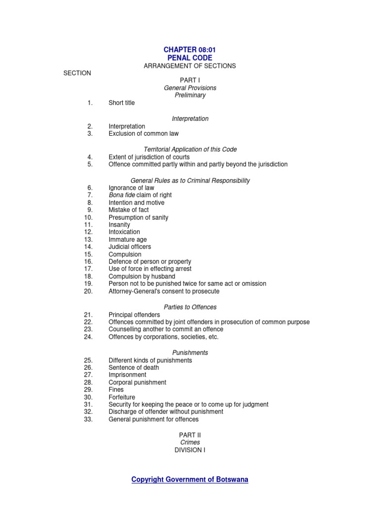 Botswana Penal Code Overview | PDF | Perjury | Burglary