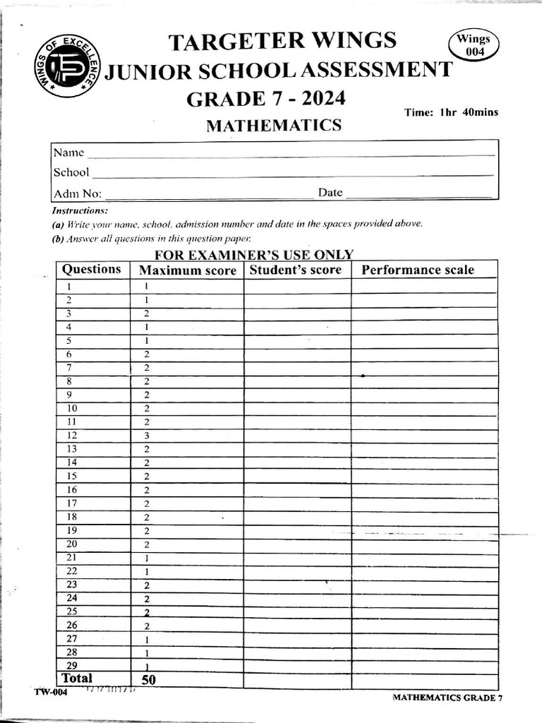 Grade 7 004 Targeter Wings All Subjects With Marking Scheme PDF