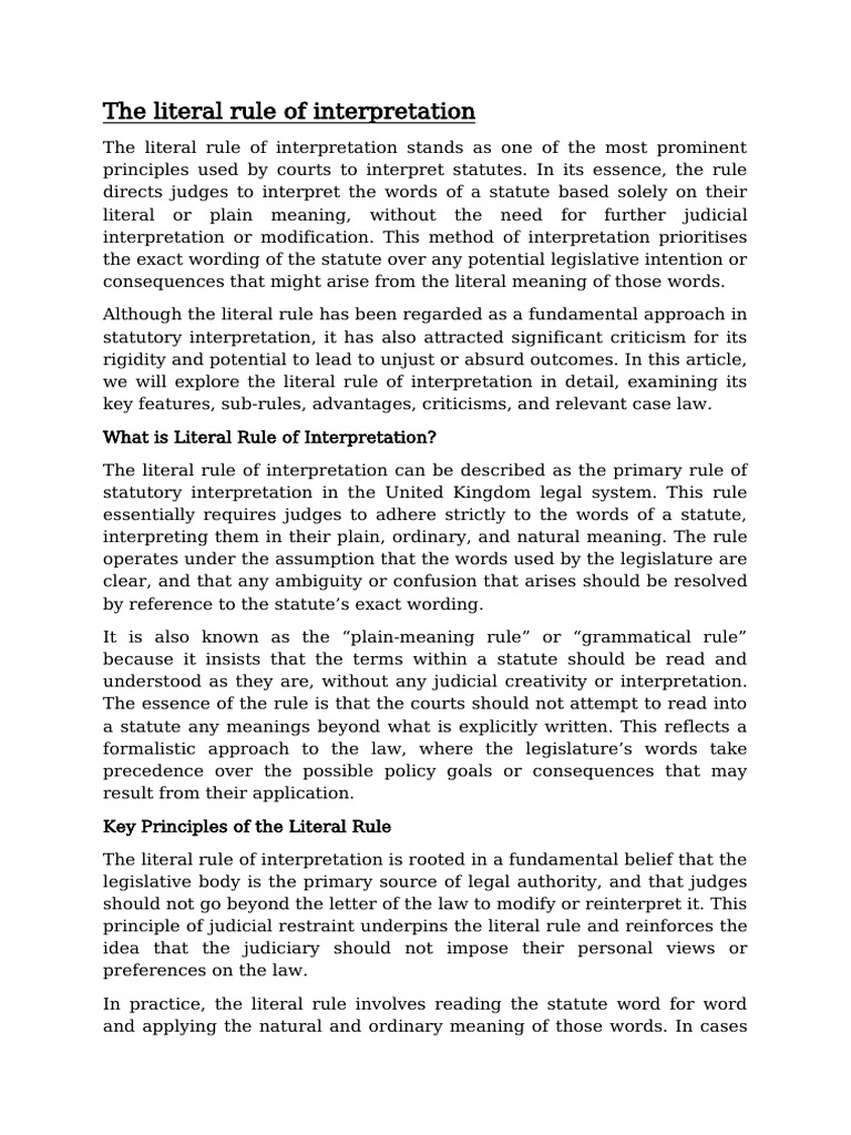 Literal Rule of Interpretation | PDF | Statutory Interpretation | Plain  Meaning Rule