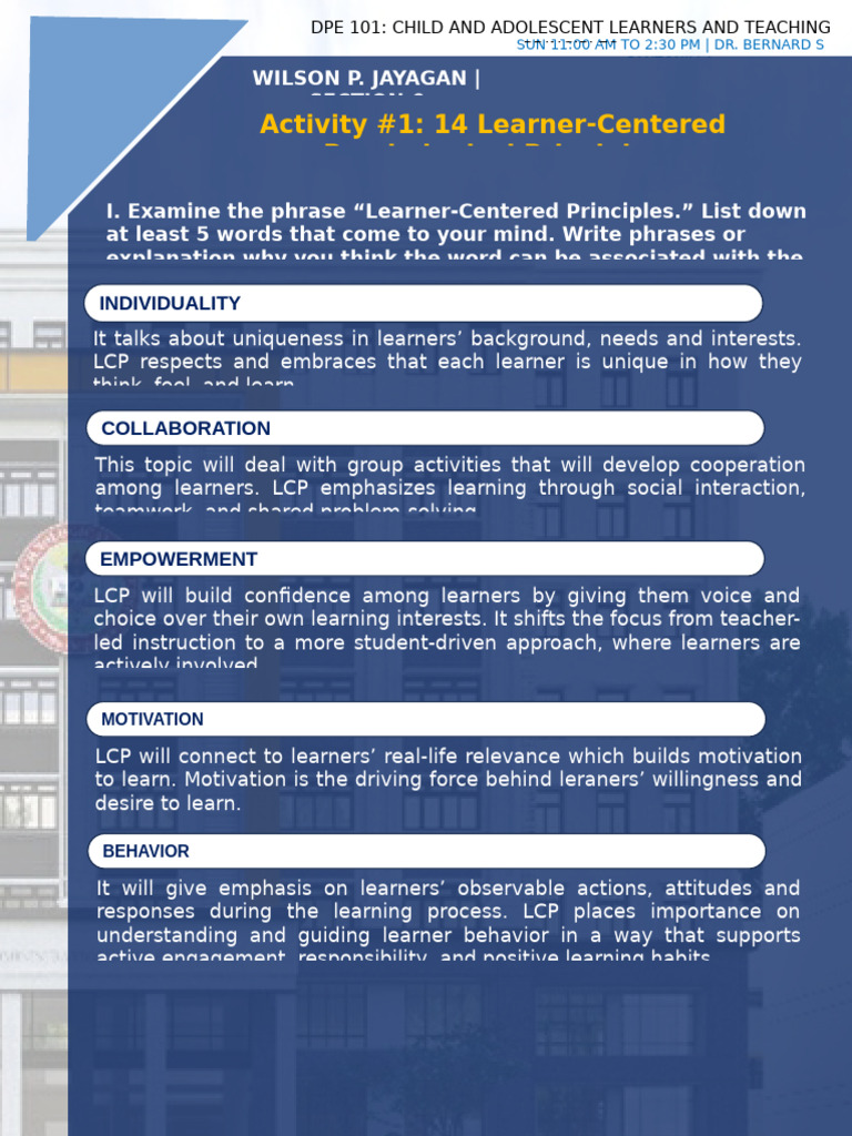DPE 101 Activity 1 Leaner-Centered Psychological Principles (Wilson ...